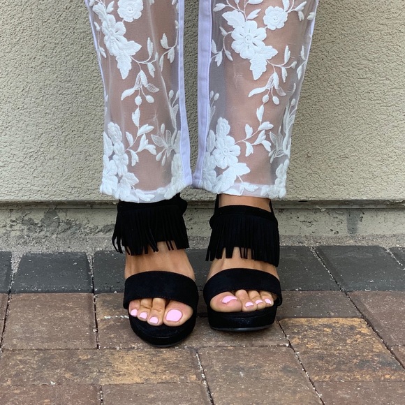 NIB Black Fringe Platform High Heel Sandals - Picture 3 of 8